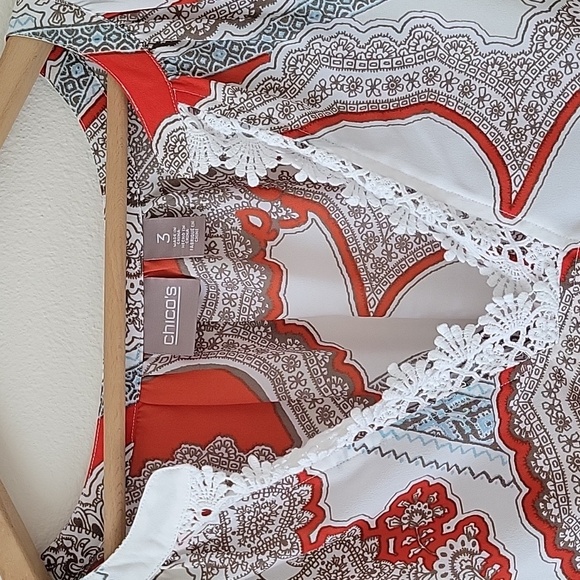 Chico's Orange White Paisley Vneck Popover Tunic Blouse Size XL - Picture 2 of 9